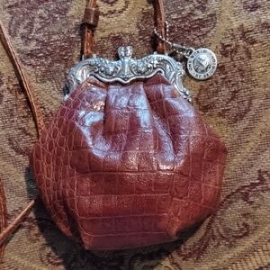 Brighton Brown Croc-Embossed Crossbody Small Purse with Silver Frame